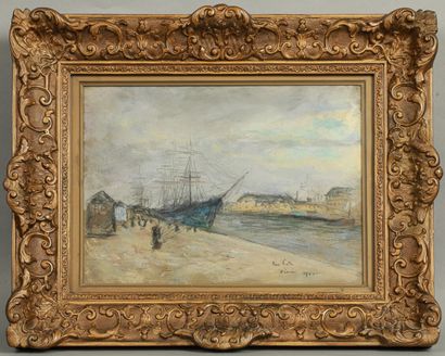 null Pieter TEN CATE (1869-1937). 

Le Havre, bateau à quai, 1901. 

Crayons et pastel...