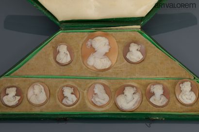  Dix camées coquille à décor gravé de femmes à l'antique de profil. 
 XIXème siècle.....