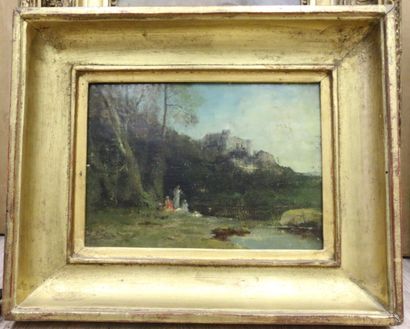null French school of the 19th century. 

Animated landscape with a castle. 

Oil...