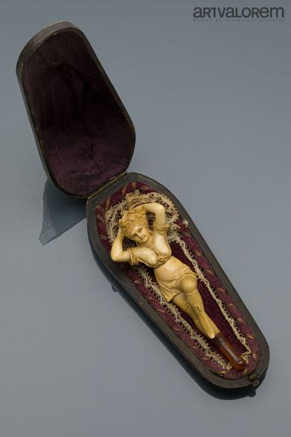 null Erotic meerschaum cigarette holder representing a nude courtesan lounging, arms...