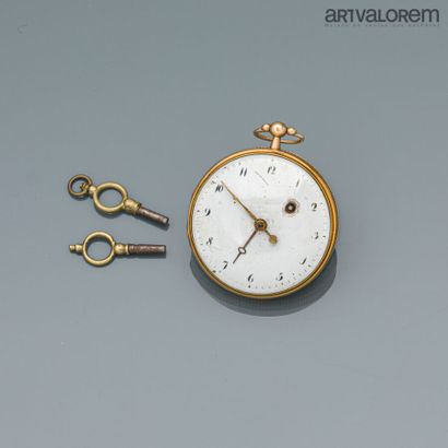 null Pocket watch in yellow gold 750°/°°, the white enamelled dial with painted indexes...