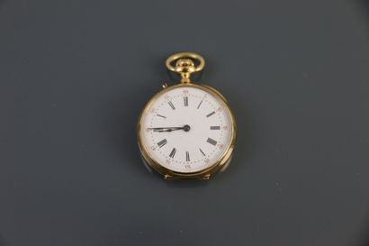 null Yellow gold collar watch 750°/°°, white enamelled dial with Roman numerals and...