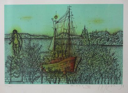 Carzou Jean (1907-2000) "Bateau et sculpture ", lithographie en couleurs n°206/250...