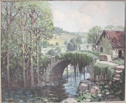 Raoul Félix ETEVE (1900) Huile sur panneau "paysage avec un pont". Signé en bas à...