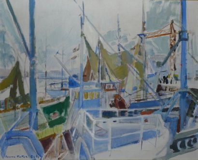 Lucien Victor Delpy "Bateaux au port" esquisse à l'huile sur toile, cachet, dimde...