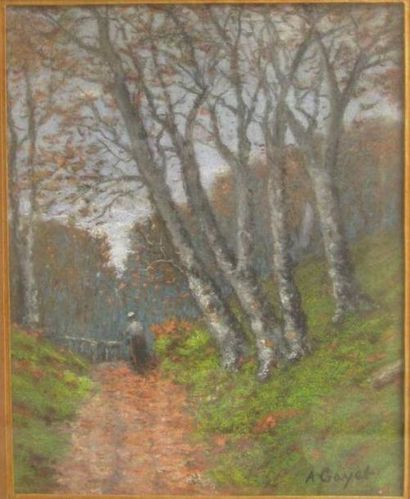 Antoine GAYET (XIXe) Pastel "Chemin de forêt animé", signé en bas à droite. 30 x...