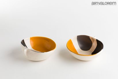 null JOLAIN Mado (1921-2019) 

Pair of glazed ceramic "pinched" cups with stylized...