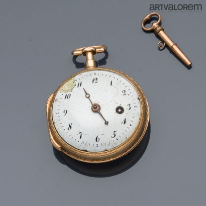 null Pocket watch in yellow gold 750°/°°, white enamel dial with painted Arabic numerals.

Movement...