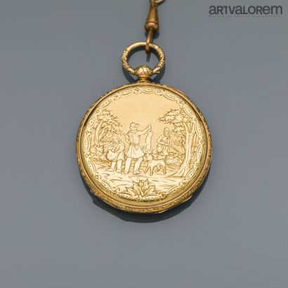  Pocket watch in yellow gold 750 ° / ° ° with engraved decoration of a hunting scene...