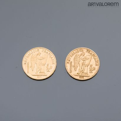  FRANCE 
2 coins of 20 francs gold with genius, years 1878 and 1879 
Total weight:...