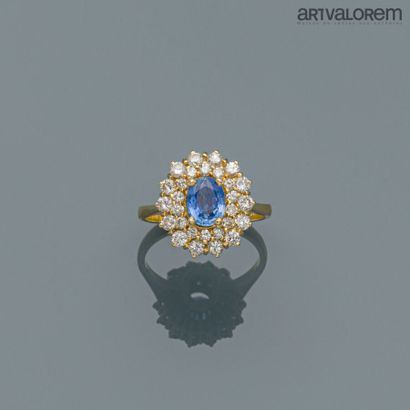 null Ring in yellow gold 750°/°° centered of a faceted oval sapphire in a double...