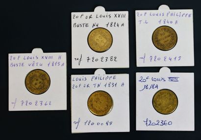  FRANCE 
3 pièces de 20 francs or Louis XVIII (1815A- 1824A- 1818A), 
On joint deux...