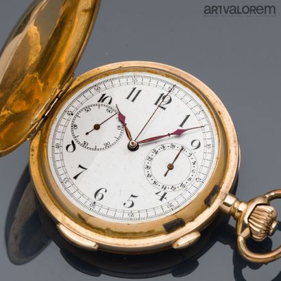  Pocket chronograph watch in yellow gold 750°/°°, the white enamelled dial with painted...