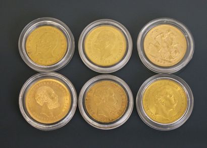 null EUROPE

6 gold coins: Sovereigns Edward VII (1906) 20 Mark Wilhem II, 20 Italian...