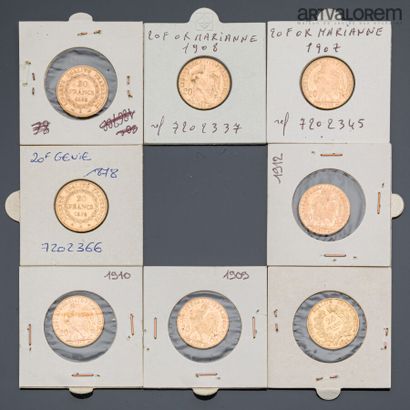 null FRANCE

5 coins of 20 francs gold with rooster (1907-1908-1909-1910-1912), 

2...