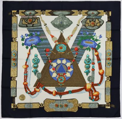 null HERMES Paris

Printed silk square, titled "Tibet", signed by Cathy Latham, navy...