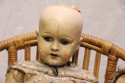 null Lot of dolls including head bust in paper mache covered with wax, blue sleeping...