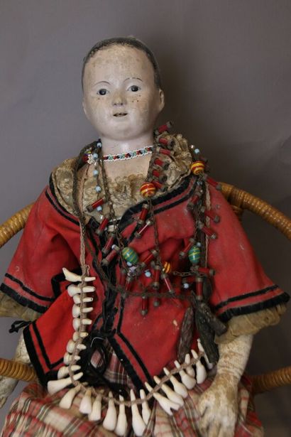 null German doll, 19th century, with papier-mâché bust head, open mouth, brown enamel...