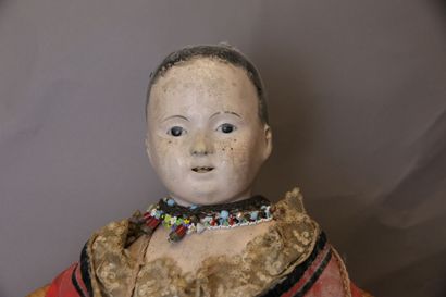 null German doll, 19th century, with papier-mâché bust head, open mouth, brown enamel...