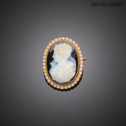 null Pendant brooch in yellow gold 750°/°° decorated with a two-tone agate cameo...