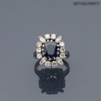 null Ring in white gold 750°/°° centered by an oval faceted sapphire in a setting...