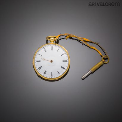 null Montre de poche en or jaune 750°/°°, cadran émaillé blanc, heures en chiffres...