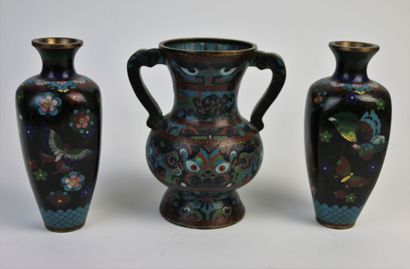 null CHINA, 20th century, 

Three copper vases with cloisonné enamel decoration of...