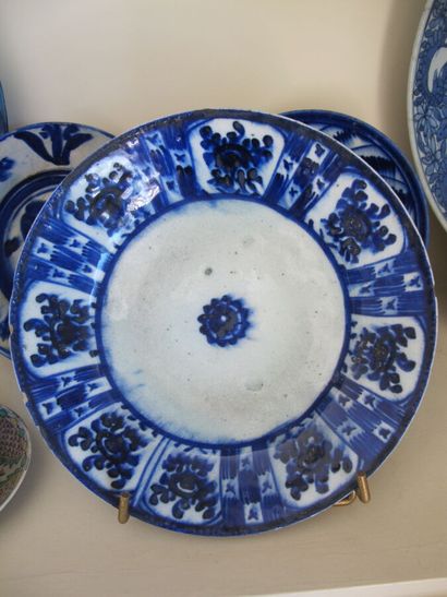 null TURKEY, XIXth century. 

Three enamelled earthenware plates with blue decoration....