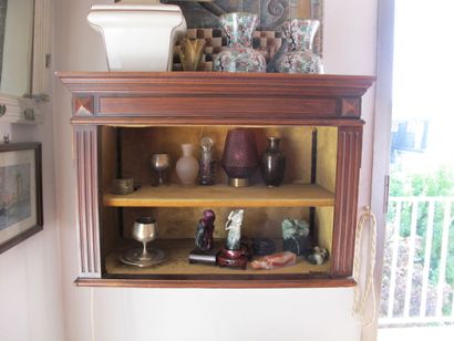 null Small console in natural wood carved with cartouches, opening to a drawer in...