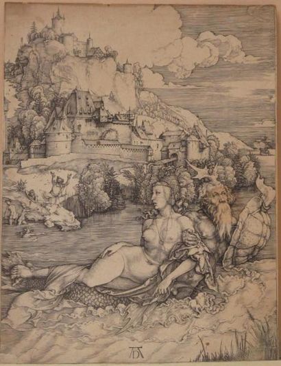 D'après Dürer "Le Monstre Marin", gravure contrecollée sur carton (accidents et ...