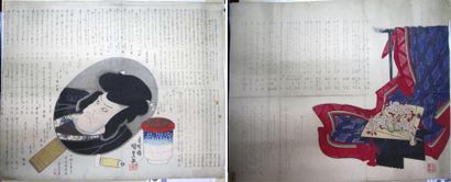null Deux estampes Japon manuscrites. On y joint une reproduction. Dim: 42 x 53cm...