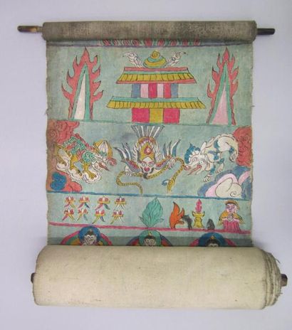 null Rouleau peint sur textile à décor de boudhas, temples et dragons. Travail populaire...