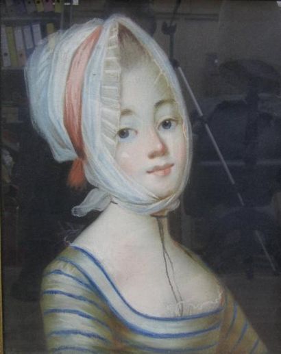 null "Portrait d'une jeune femme au fichu",Pastel. 19ème siècle, 44 x 33 cm