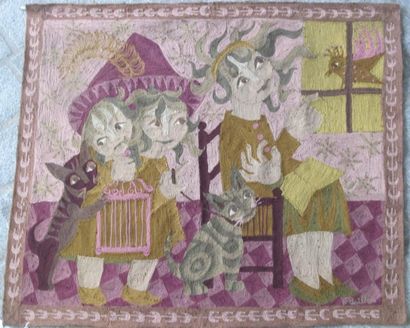 Elisabeth Baillon Panneau en broderie de fils de couleurs, "enfants et chat", signée....