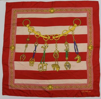 null CELINE

Two printed silk squares, one decorated with horse harness, red border...