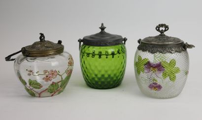 Set of three colorless glass cookie buckets...