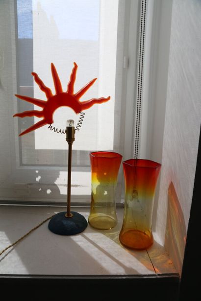 Sun lamp in gilded metal, orange resin and...