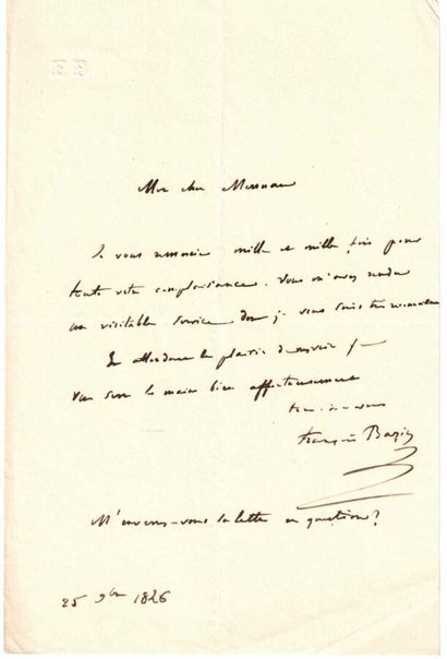 null MUSIQUE 

BAZIN François (1816-1878) Lettre autographe signée à « Mon cher Merruau...
