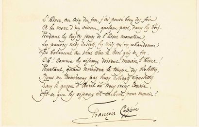 null COPPEE François (1842-1908)

Autograph poem signed (s.l.n.d.). 1 p. pet. in-8...