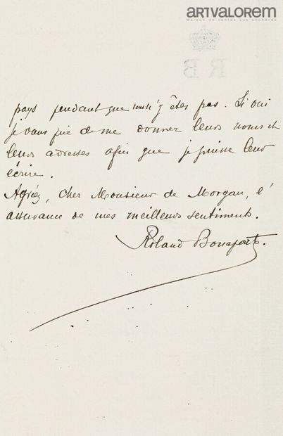 null [BONAPARTE (Roland)]. 

L.A.S. addressed to M. de Morgan

Paris, Wednesday,...