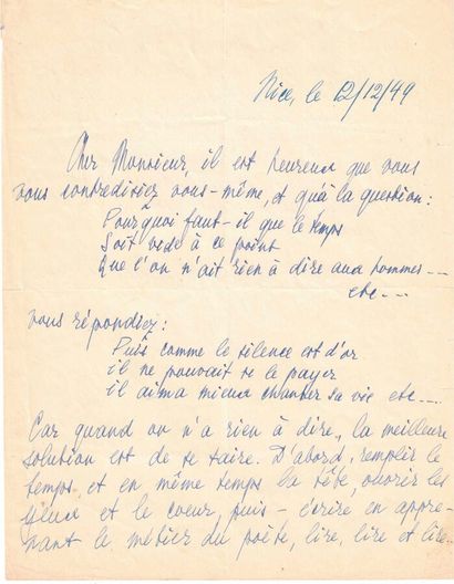 null TRIOLET Elsa (1896-1970)

Lettre autographe signée, Nice, le 12 décembre 1949....