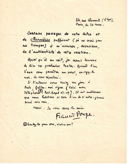 null PONGE Francis (1988-1988)

2 autograph letters signed, Paris, (s.d.) and October...