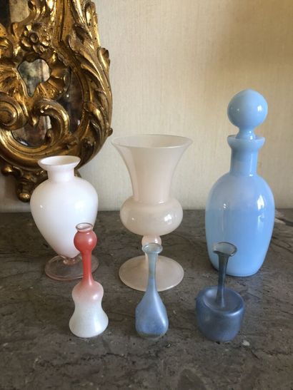 null Set in blown glass, opaline or sandblasted, blue or pink, including: a bottle...
