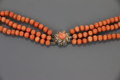 null Necklace with three rows of coral beads, silver metal clasp topped by a coral...