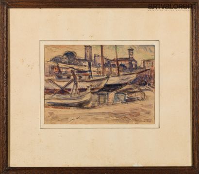 null FROIDEVAUX Roger Paul, 1918-1998, 

Bateaux au port, 1949, 

aquarelle, signée...