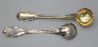 null Deux cuillers à sel en argent à filet (une spatule chiffrée). Paris 1798-1809...