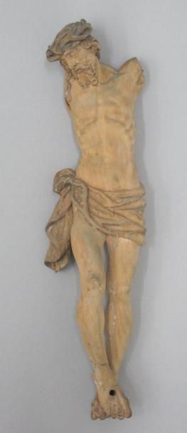 null Christ en bois sculpté, XVII°Siècle. Hauteur: 33 cm (manque les bras) Expert:...