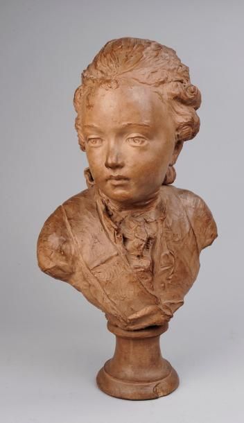 André Jean LEBRUN (1737-1811) "Jeune garçon en buste" Terre cuite sur piédouche,...