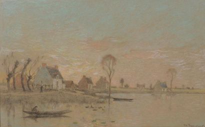 Ferdinand Loyen du PUIGAUDEAU (1864-1930) Maisons au bord d'étang Dessin aux crayons...