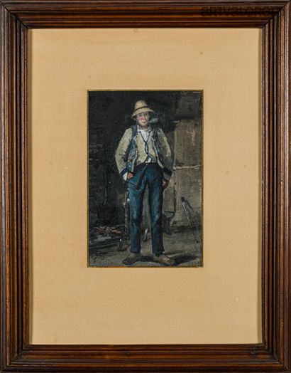 null Ludovic Piette de MONTFOUCAULT (1826 - 1878)
Portrait de paysan debout, 1879
Gouache...